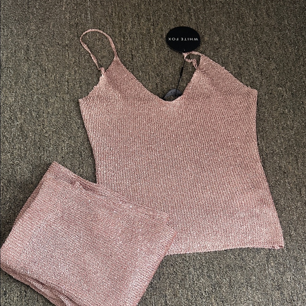 White Fox Boutique Pink Metallic Knit Cami & Mini Skirt Set